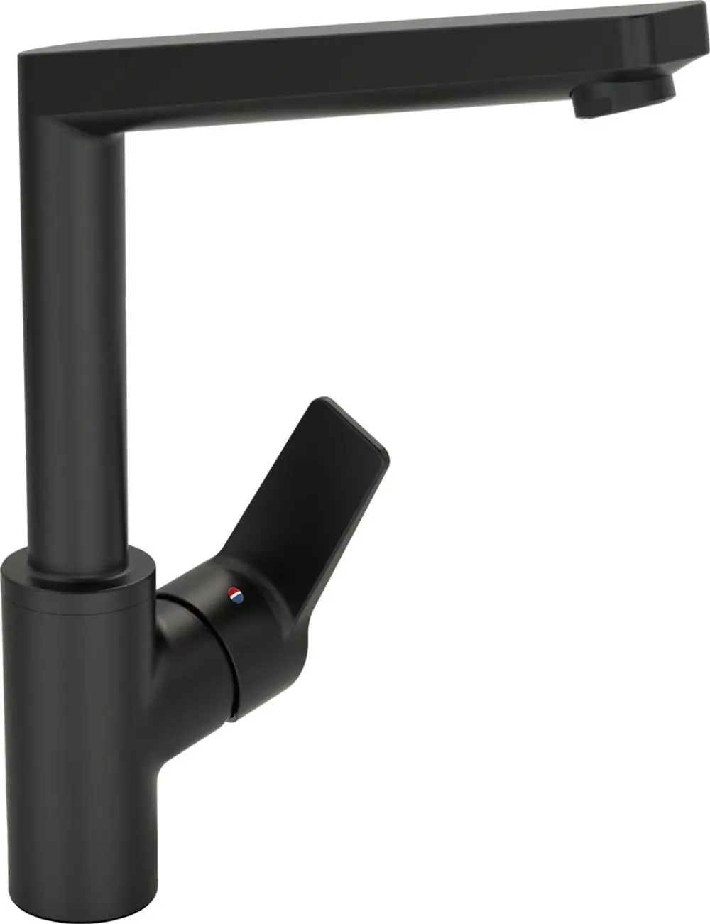 Schwarze Küchenarmatur mit einem Hebel und langer Ausladung. HANSATWIST-Modell, schlichtes Design für die Installation am Waschbecken oder in der Küche.